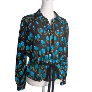 Vintage 70s Tulip Floral Black & Blue Sheer Cinch Tie "Camie" Blouse Top 11 M